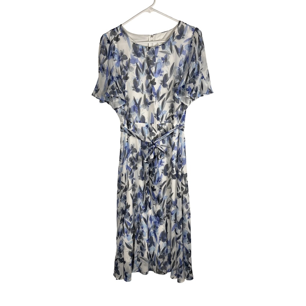 Harper Rose Blue Floral‎ Flutter Sleeve Chiffon Midi Dress Tie Waist Womens 12
